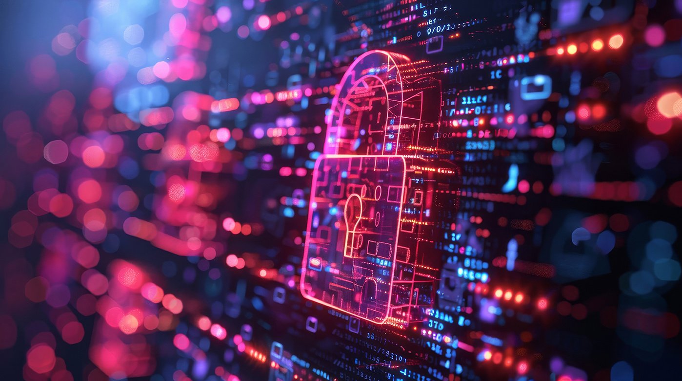 Digital illustration of a glowing neon lock against a databoard